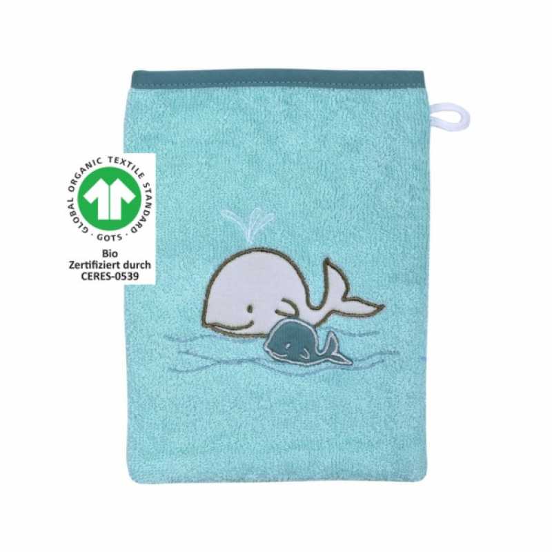 Bio Waschhandschuh "Walfamilie kristall" 15x20 cm Bio Waschhandschuh "Walfamilie kristall" 15x20 cm